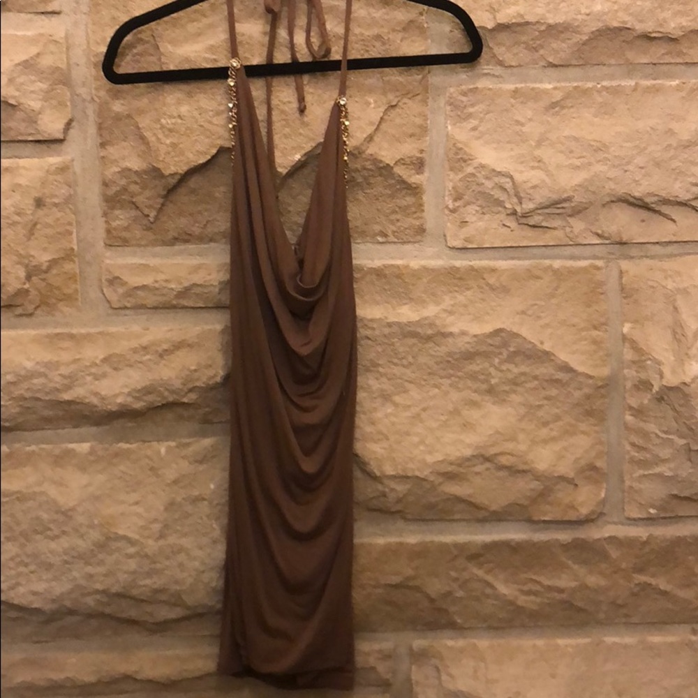 Sky Frami Brown Halter Dress with Rhinestones